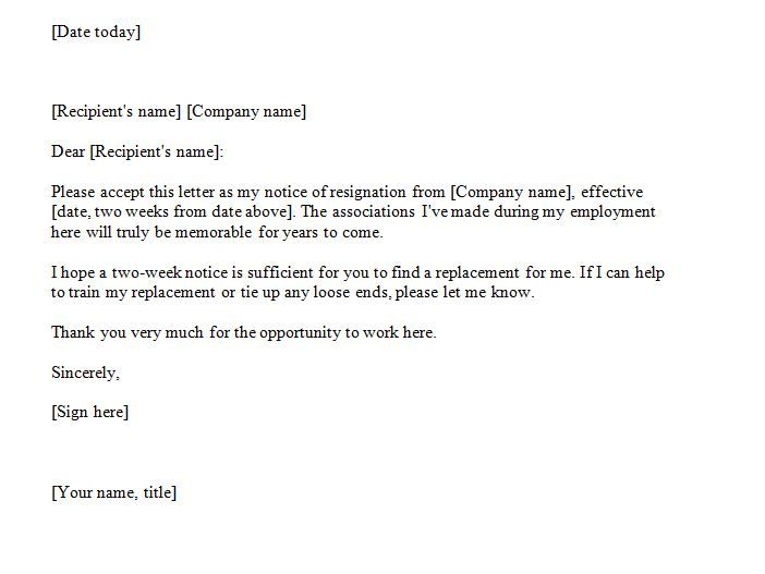 Two Weeks Notice Email Template Professional