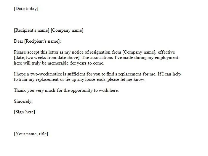 Two Weeks Notice Email Template Professional
